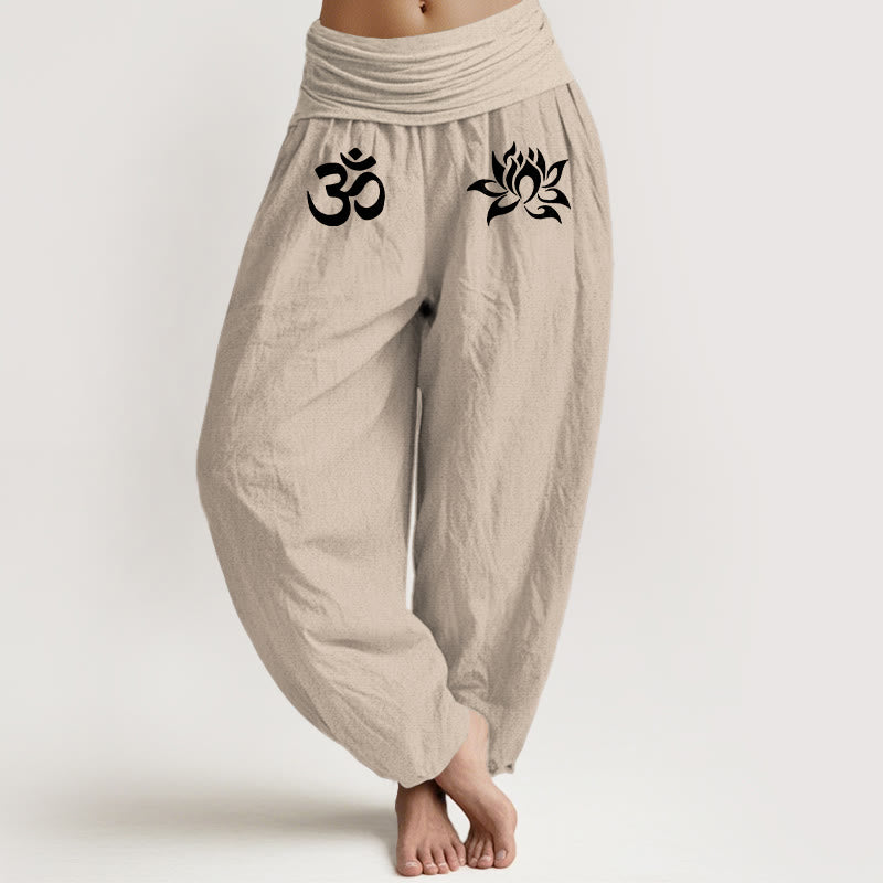 Einfarbige Haremshose aus reiner Baumwolle mit Buddha Stones und Lotus-Om-Symbol-Muster für Damen mit elastischer Taille - Bräunen - US22, UK/AU26, EU54 (6XL) - image 11