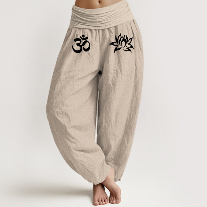 Einfarbige Haremshose aus reiner Baumwolle mit Buddha Stones und Lotus-Om-Symbol-Muster für Damen mit elastischer Taille - Bräunen - US22, UK/AU26, EU54 (6XL) - image 11