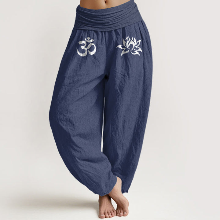 Einfarbige Haremshose aus reiner Baumwolle mit Buddha Stones und Lotus-Om-Symbol-Muster für Damen mit elastischer Taille - Dunkelschieferblau - US22, UK/AU26, EU54 (6XL) - image 8