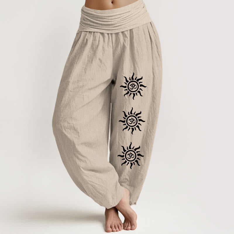 Einfarbige Haremshose aus reiner Baumwolle mit Buddha Stones und Sonnen-Om-Symbol-Muster für Damen mit elastischer Taille - Bräunen - US22, UK/AU26, EU54 (6XL) - image 14