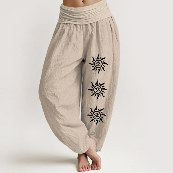 Einfarbige Haremshose aus reiner Baumwolle mit Buddha Stones und Sonnen-Om-Symbol-Muster für Damen mit elastischer Taille - Bräunen - US22, UK/AU26, EU54 (6XL) - image 14