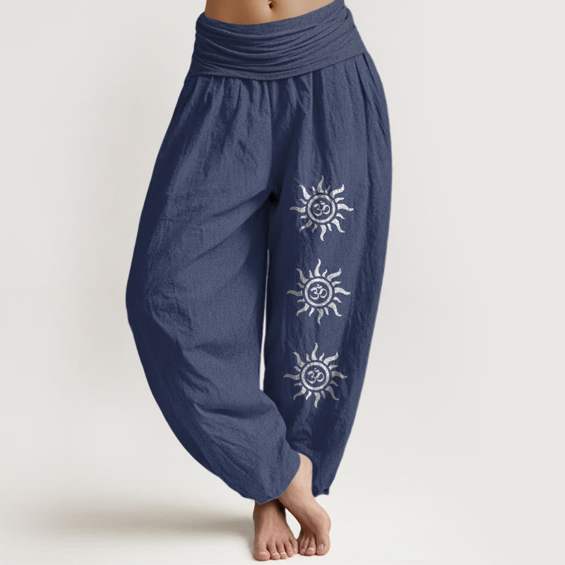 Einfarbige Haremshose aus reiner Baumwolle mit Buddha Stones und Sonnen-Om-Symbol-Muster für Damen mit elastischer Taille - Dunkelschieferblau - US22, UK/AU26, EU54 (6XL) - image 8