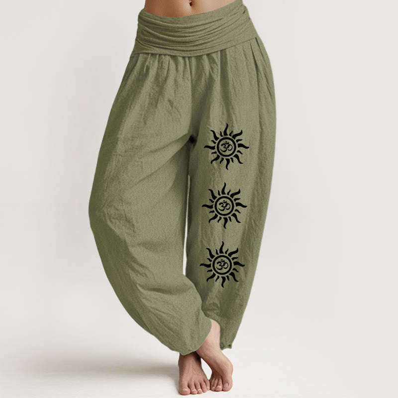 Einfarbige Haremshose aus reiner Baumwolle mit Buddha Stones und Sonnen-Om-Symbol-Muster für Damen mit elastischer Taille - Olivgrün - US22, UK/AU26, EU54 (6XL) - image 0