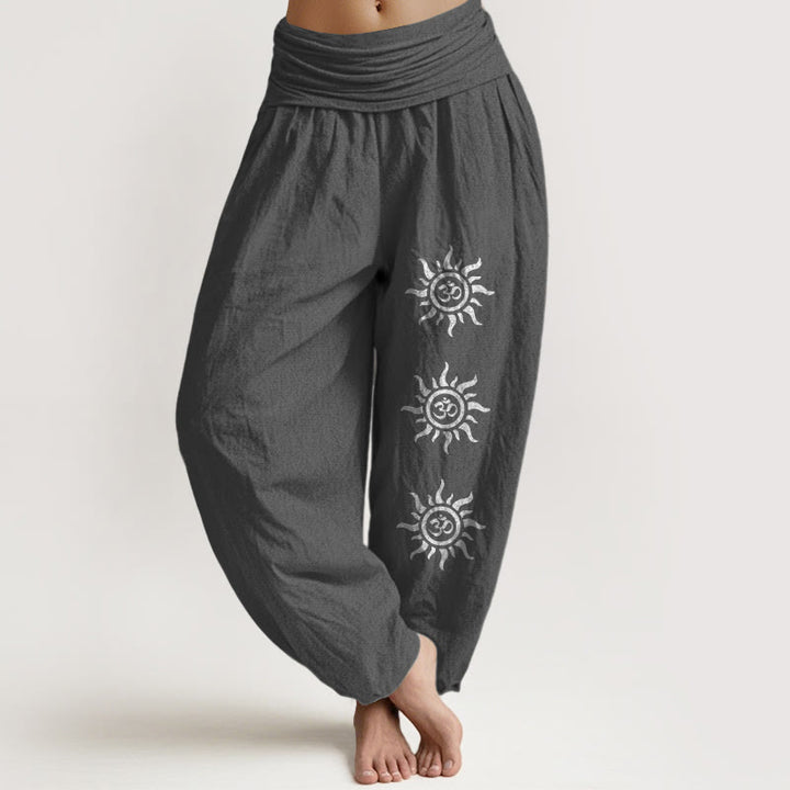 Einfarbige Haremshose aus reiner Baumwolle mit Buddha Stones und Sonnen-Om-Symbol-Muster für Damen mit elastischer Taille - DimGray - US22, UK/AU26, EU54 (6XL) - image 11