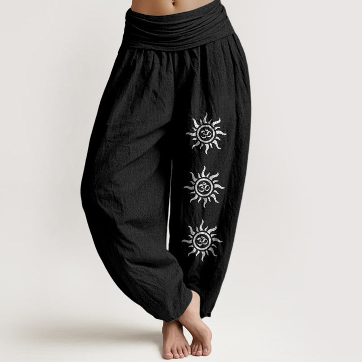 Einfarbige Haremshose aus reiner Baumwolle mit Buddha Stones und Sonnen-Om-Symbol-Muster für Damen mit elastischer Taille - Schwarz - US22, UK/AU26, EU54 (6XL) - image 5