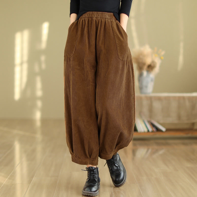 Buddha Stones Damen-Haremshose aus Cord mit Taschen und einfarbigem elastischem Bund - Sattelbraun - US8-10， UK/AU12-14，EU40-42 (2XL) - image 0