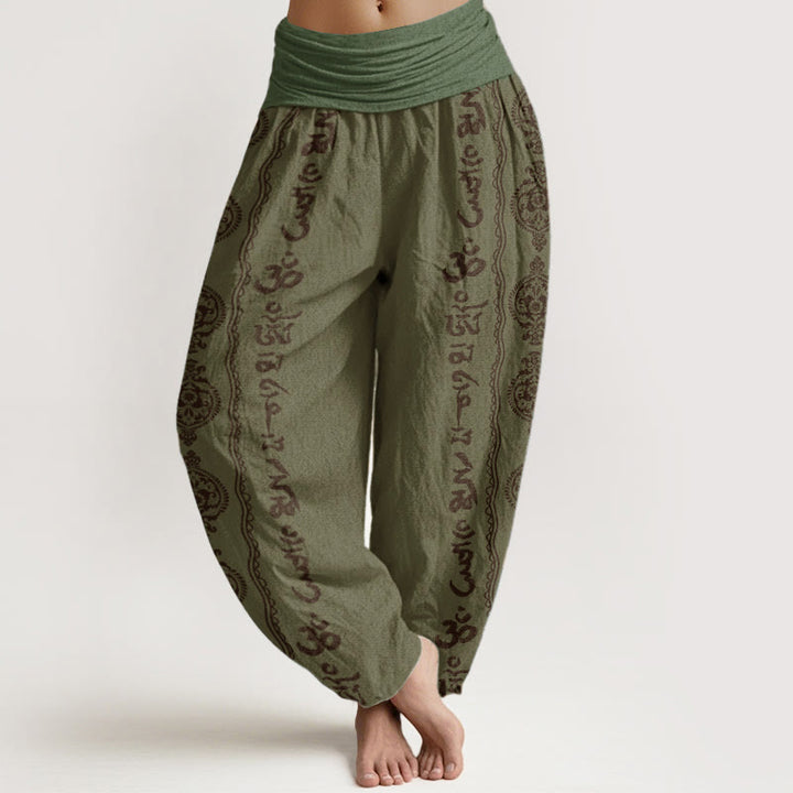 Buddha Stones Damen-Haremshose aus reiner Baumwolle mit Mandala-Motiv „Om Mani Padme Hum“ und elastischer Taille - DunkelOlivGrün - US22， UK/AU26，EU54 (6XL) - image 5