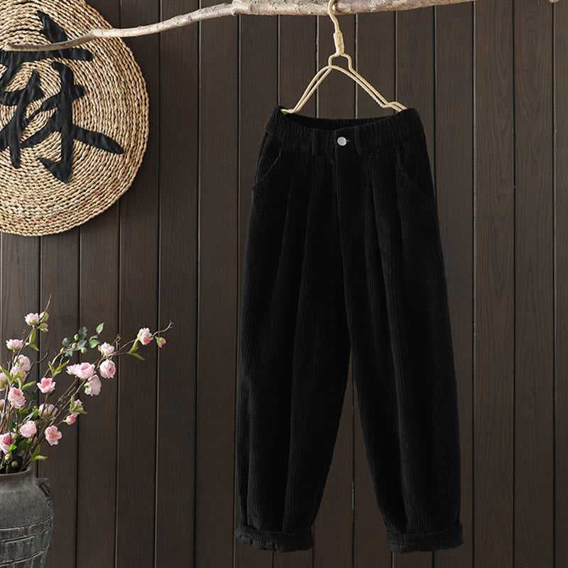 Buddha Stones Damen Winter Haremshose aus Cord-Baumwolle mit hoher Taille und Fleecefutter und Taschen - image 12
