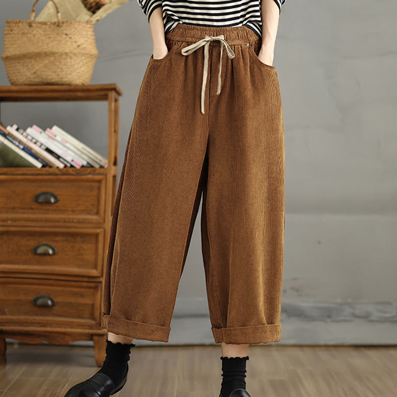 Buddha Stones Damen Cordhose mit kontrastfarbenem Kordelzug und Taschen - image 1
