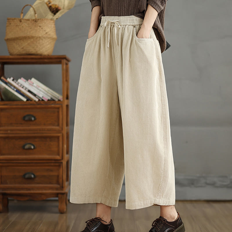 Buddha Stones Damen Cordhose mit kontrastfarbenem Kordelzug und Taschen - image 15