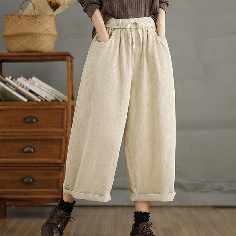 Buddha Stones Damen Cordhose mit kontrastfarbenem Kordelzug und Taschen - image 14
