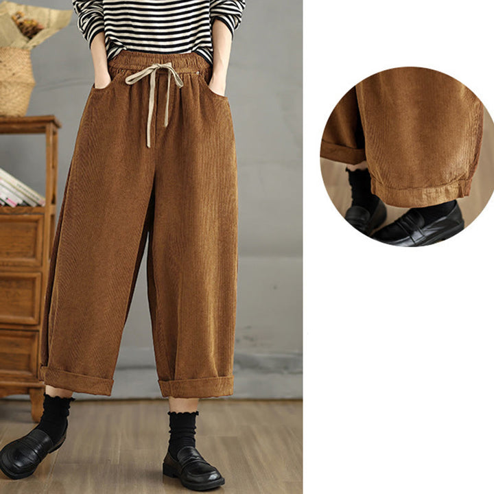 Buddha Stones Damen Cordhose mit kontrastfarbenem Kordelzug und Taschen - image 8