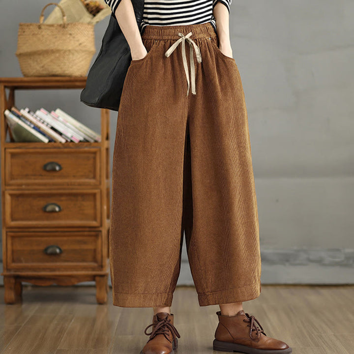 Buddha Stones Damen Cordhose mit kontrastfarbenem Kordelzug und Taschen - image 2