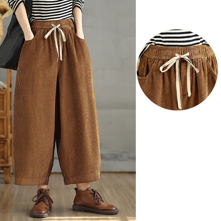 Buddha Stones Damen Cordhose mit kontrastfarbenem Kordelzug und Taschen - image 9
