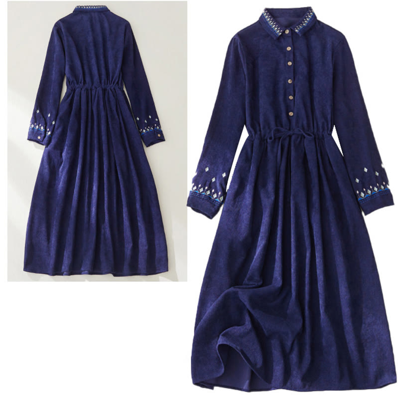 Buddha Stones – Besticktes Blumenmuster – Schnürdesign – Langärmliges Midikleid mit Taschen - image 14