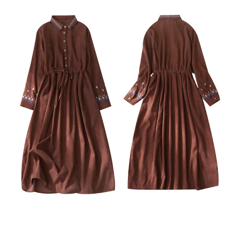 Buddha Stones , besticktes Blumenmuster, Schnürdesign, langärmeliges Midikleid mit Taschen - image 9