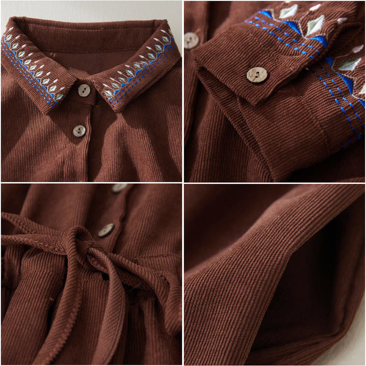 Buddha Stones , besticktes Blumenmuster, Schnürdesign, langärmeliges Midikleid mit Taschen - image 6