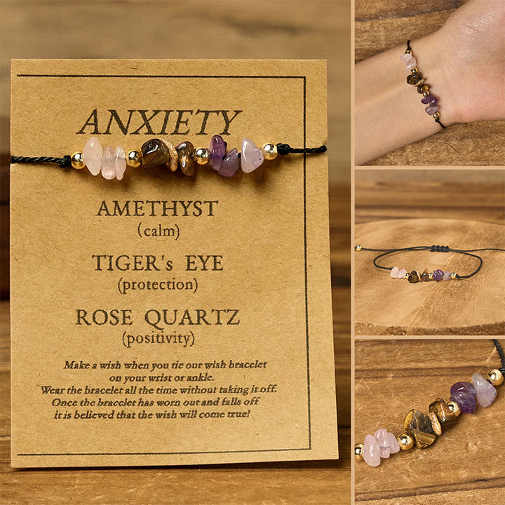 Buddha Stones Amethyst Tigerauge Rosenquarz Schutz Anti-Angst Karte Seil Armband - Unregelmäßige Perlen (Handgelenkumfang: 14–23 cm) - image 0