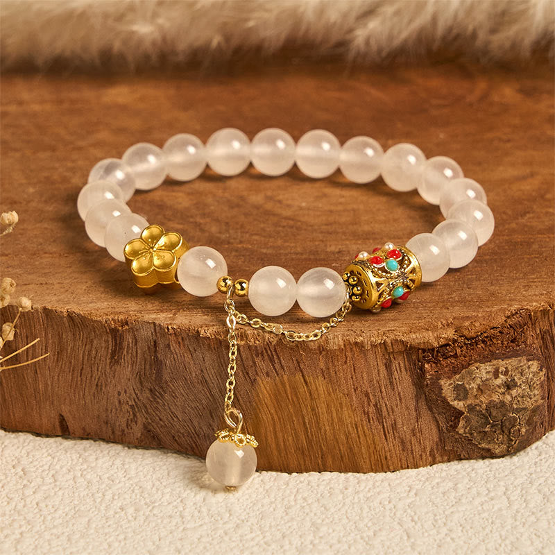 Buddha Stones Tibetischer weißer Achat Kristallstein Blumen Positivität Armband - Weißer Achat (Handgelenkumfang: 14–16 cm) - image 0