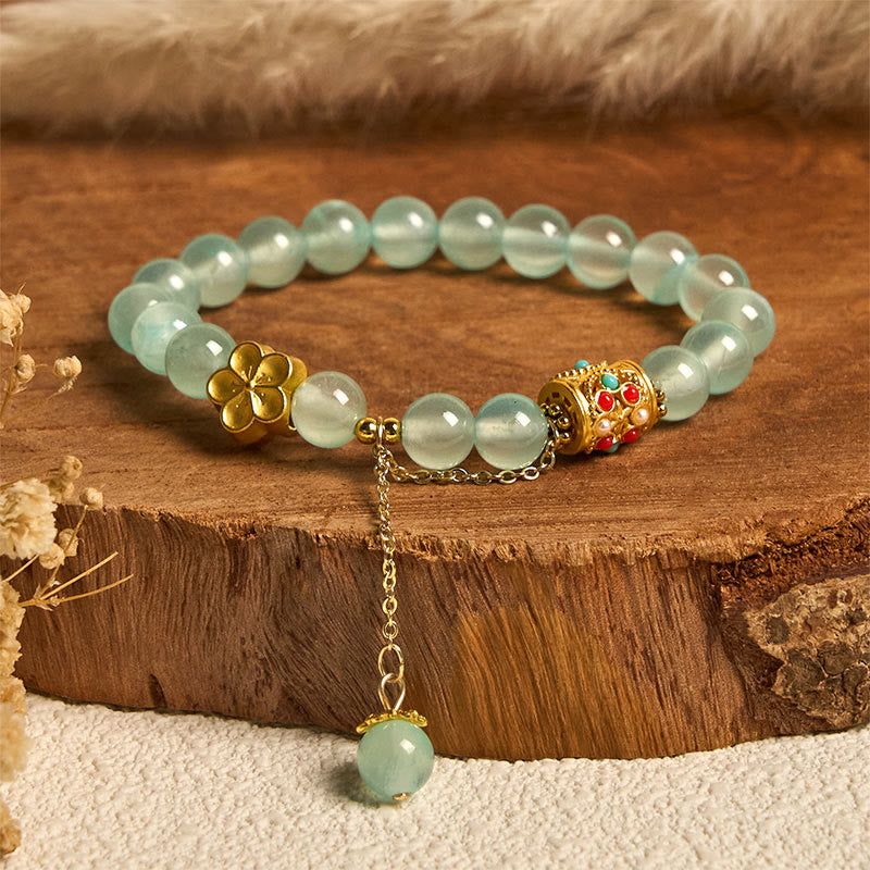 Buddha Stones Tibetischer weißer Achat Kristallstein Blumen Positivität Armband - Blauer Kristall (Handgelenkumfang: 14–16 cm) - image 15