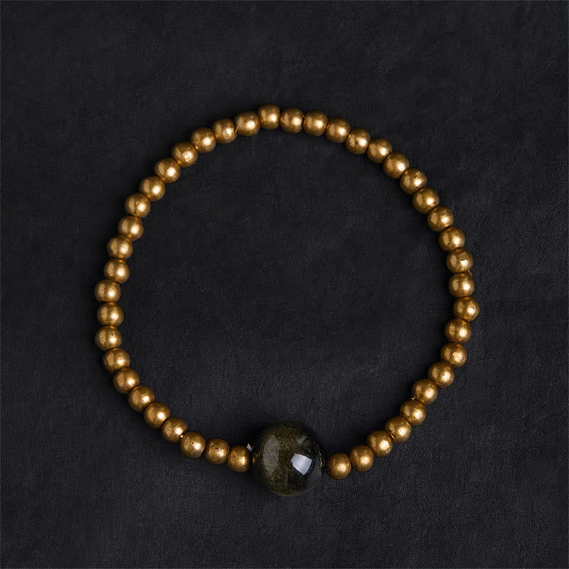 Buddha Stones, vergoldetes Kupfer, Messing, Goldglanz, Obsidian, Schutz, Reichtum, Armband - image 1