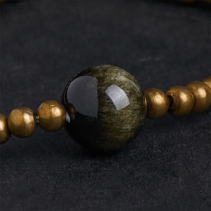 Buddha Stones, vergoldetes Kupfer, Messing, Goldglanz, Obsidian, Schutz, Reichtum, Armband - image 5