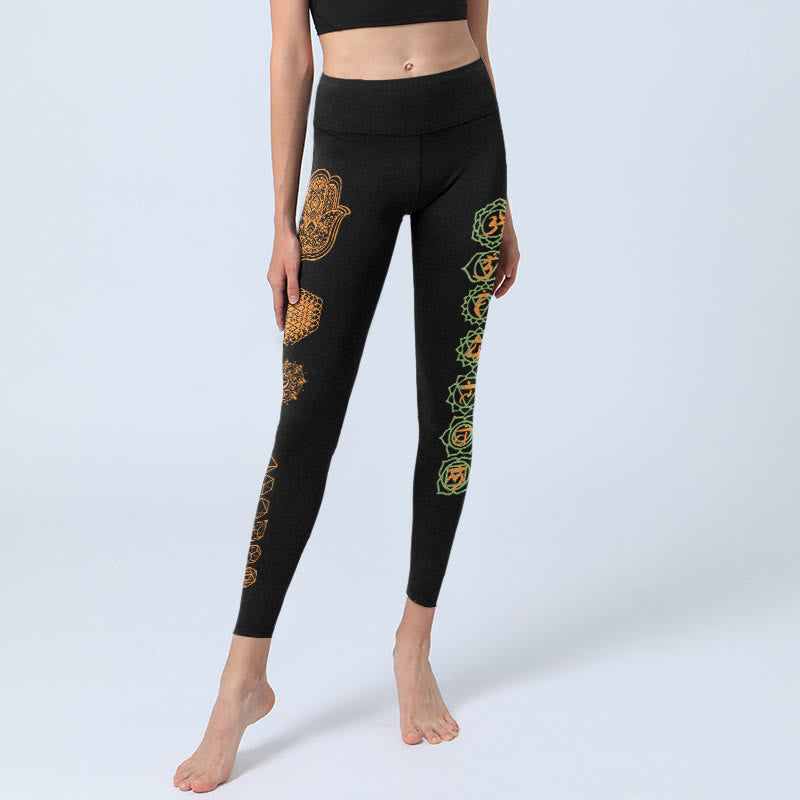 Buddha Stones Hamsa-Blume des Lebens, Platonische Körper, Chakra-Muster, Leggings für Damen, Yogahosen - image 5