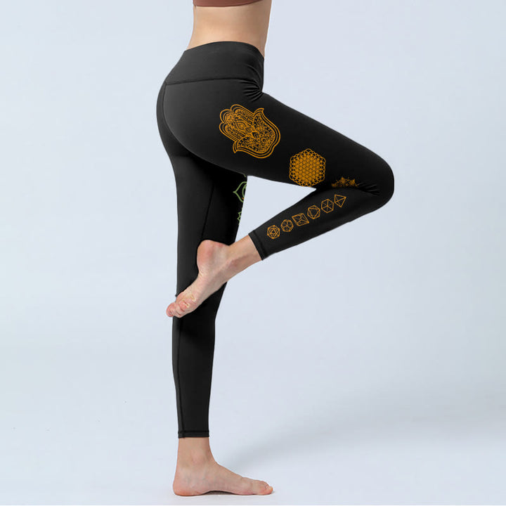 Buddha Stones Hamsa-Blume des Lebens, Platonische Körper, Chakra-Muster, Leggings für Damen, Yogahosen - image 3