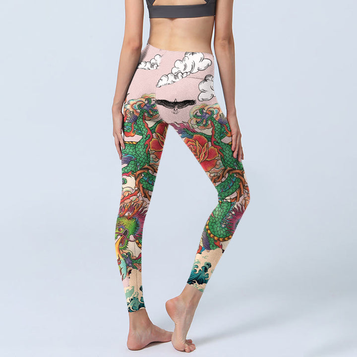 Buddha Stones Leggings mit Drachen-, Rosen-, Adler-, Wellen- und Wolkenmuster – Damen-Yogahosen - image 4