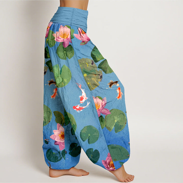 Buddha Stones -Druck, Koi-Fisch, Lotusblumen-Muster, Damen-Haremshose aus reiner Baumwolle mit elastischer Taille - image 1