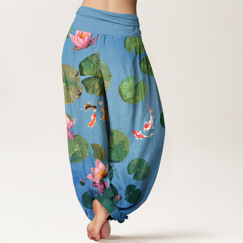 Buddha Stones -Druck, Koi-Fisch, Lotusblumen-Muster, Damen-Haremshose aus reiner Baumwolle mit elastischer Taille - image 2