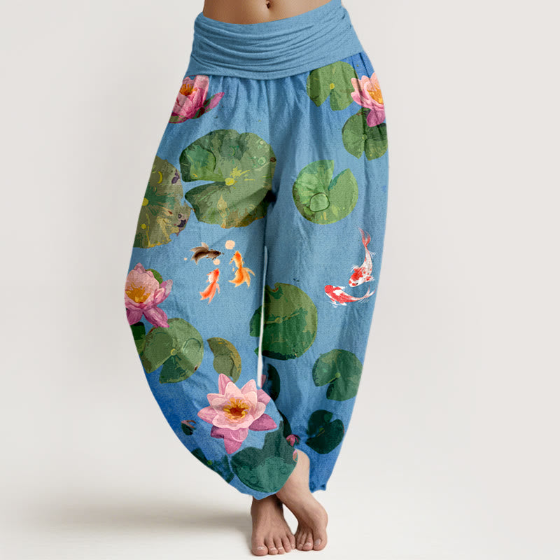 Buddha Stones -Druck, Koi-Fisch, Lotusblumen-Muster, Damen-Haremshose aus reiner Baumwolle mit elastischer Taille - KornblumeBlau - US16， UK/AU20，EU48 (3XL) - image 0