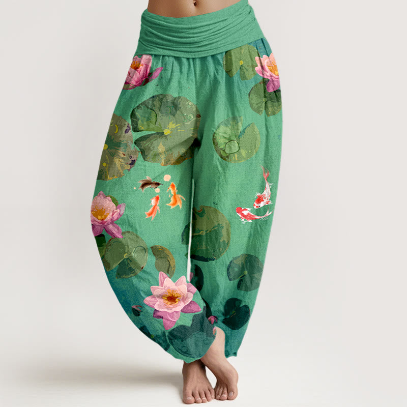 Buddha Stones -Druck, Koi-Fisch, Lotusblumen-Muster, Damen-Haremshose aus reiner Baumwolle mit elastischer Taille - Frühlingsgrün - US16， UK/AU20，EU48 (3XL) - image 5