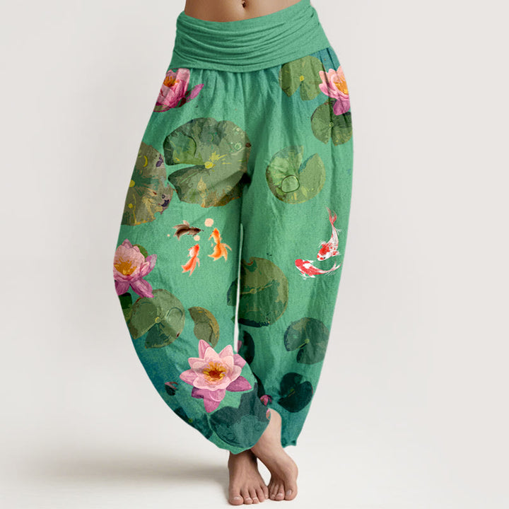 Buddha Stones -Druck, Koi-Fisch, Lotusblumen-Muster, Damen-Haremshose aus reiner Baumwolle mit elastischer Taille - Frühlingsgrün - US16， UK/AU20，EU48 (3XL) - image 5