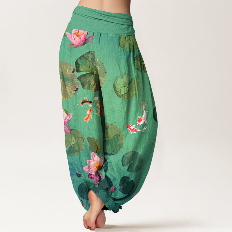 Buddha Stones -Druck, Koi-Fisch, Lotusblumen-Muster, Damen-Haremshose aus reiner Baumwolle mit elastischer Taille - image 7