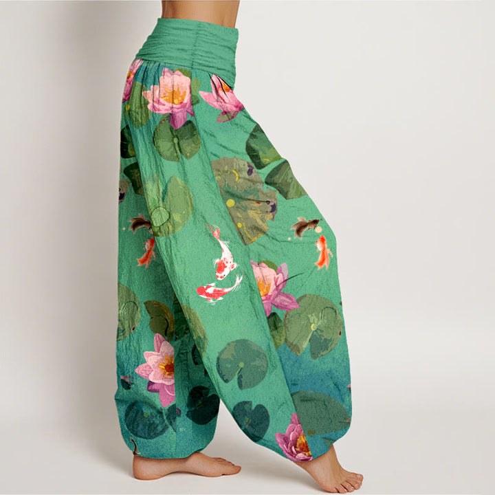 Buddha Stones -Druck, Koi-Fisch, Lotusblumen-Muster, Damen-Haremshose aus reiner Baumwolle mit elastischer Taille - image 6