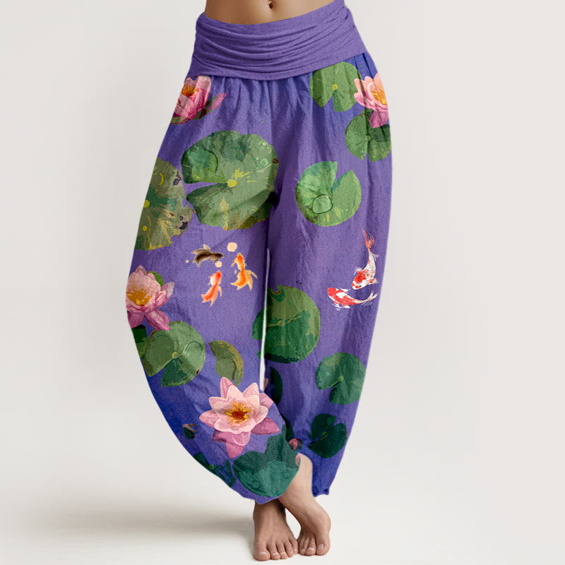 Buddha Stones -Druck, Koi-Fisch, Lotusblumen-Muster, Damen-Haremshose aus reiner Baumwolle mit elastischer Taille - Dunkelviolett - US16， UK/AU20，EU48 (3XL) - image 8