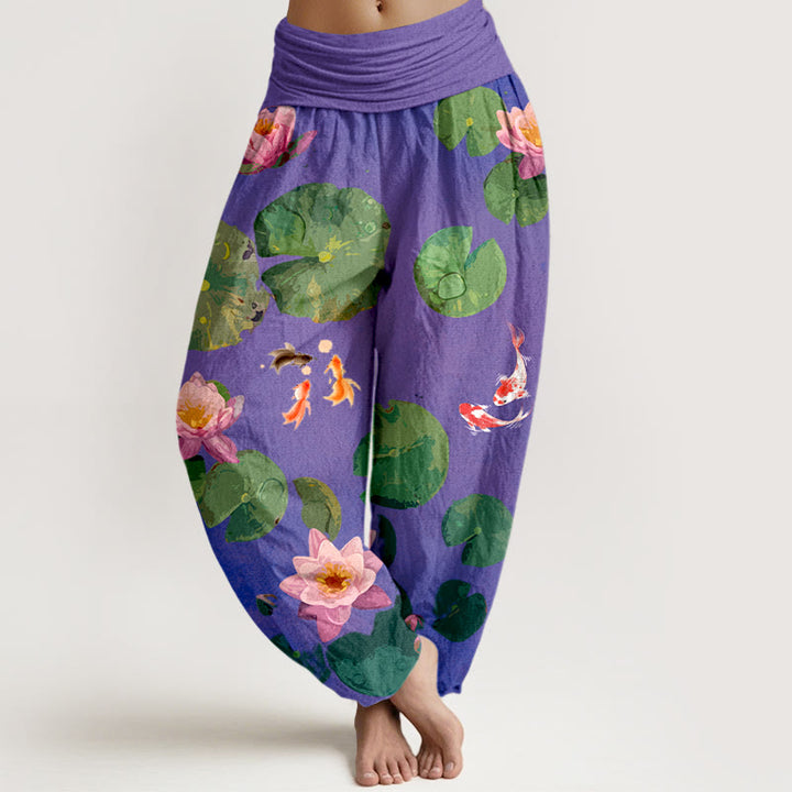 Buddha Stones -Druck, Koi-Fisch, Lotusblumen-Muster, Damen-Haremshose aus reiner Baumwolle mit elastischer Taille - Dunkelviolett - US16， UK/AU20，EU48 (3XL) - image 8