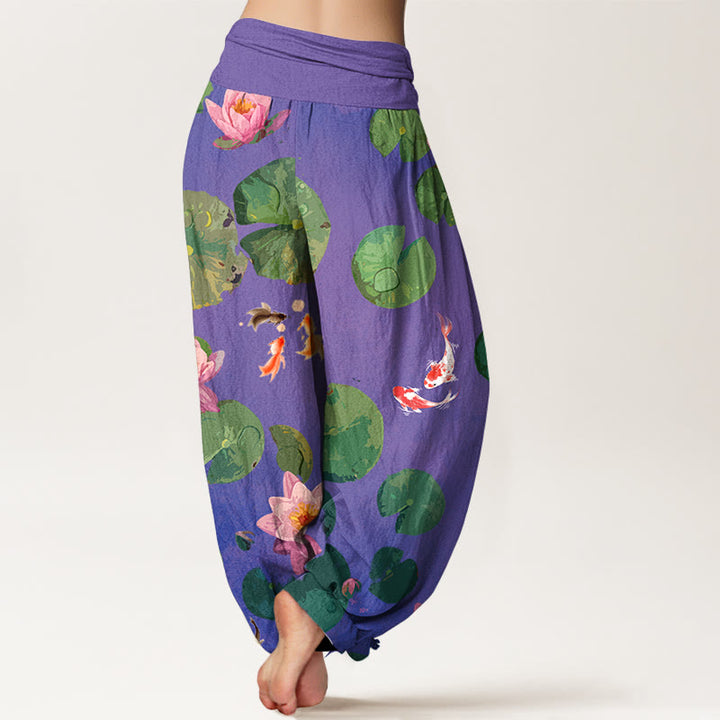 Buddha Stones -Druck, Koi-Fisch, Lotusblumen-Muster, Damen-Haremshose aus reiner Baumwolle mit elastischer Taille - image 10