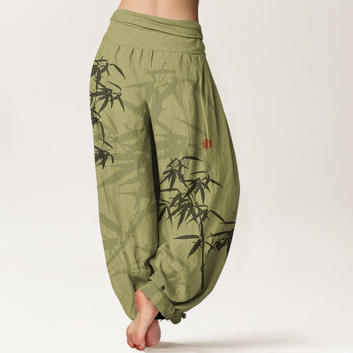 Haremshose aus reiner Baumwolle mit Buddha Stones -Print und Bambusblättern-Muster für Damen mit elastischer Taille - image 2