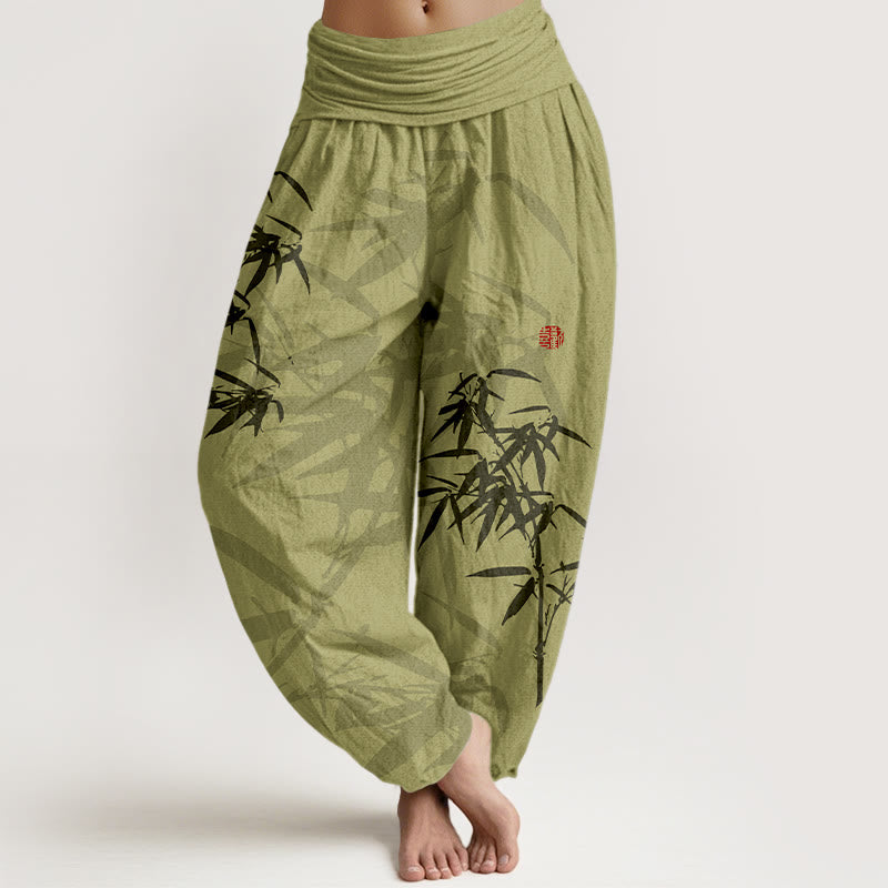 Haremshose aus reiner Baumwolle mit Buddha Stones -Print und Bambusblättern-Muster für Damen mit elastischer Taille - GelbGrün - US16， UK/AU20，EU48 (3XL) - image 0