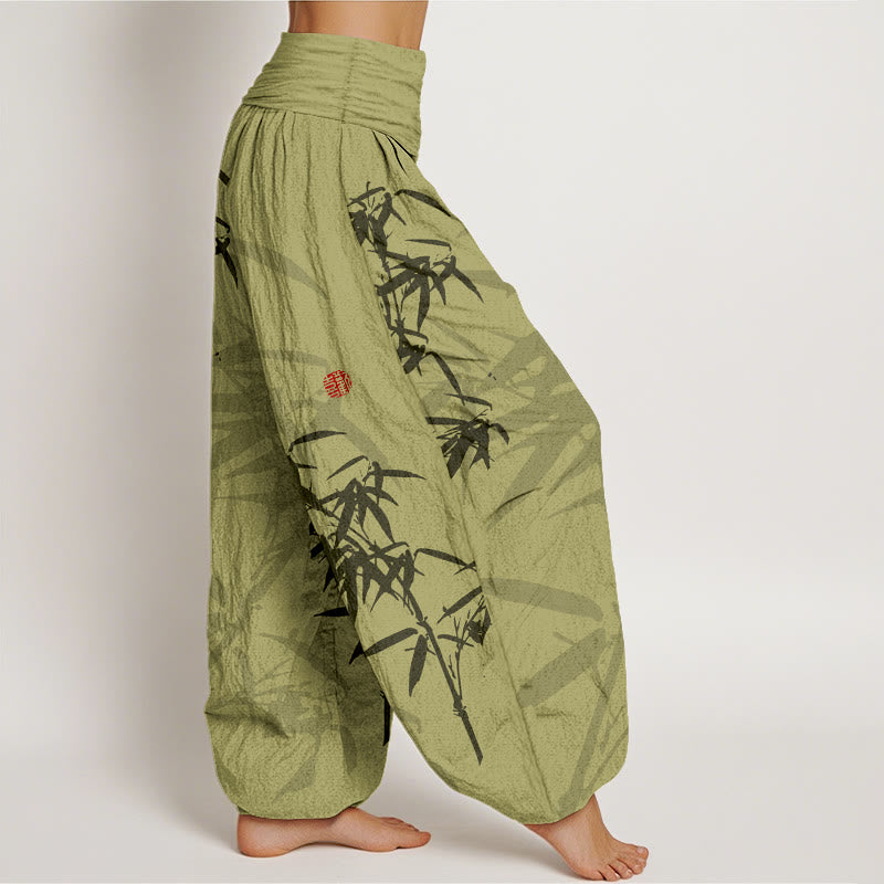 Haremshose aus reiner Baumwolle mit Buddha Stones -Print und Bambusblättern-Muster für Damen mit elastischer Taille - image 1