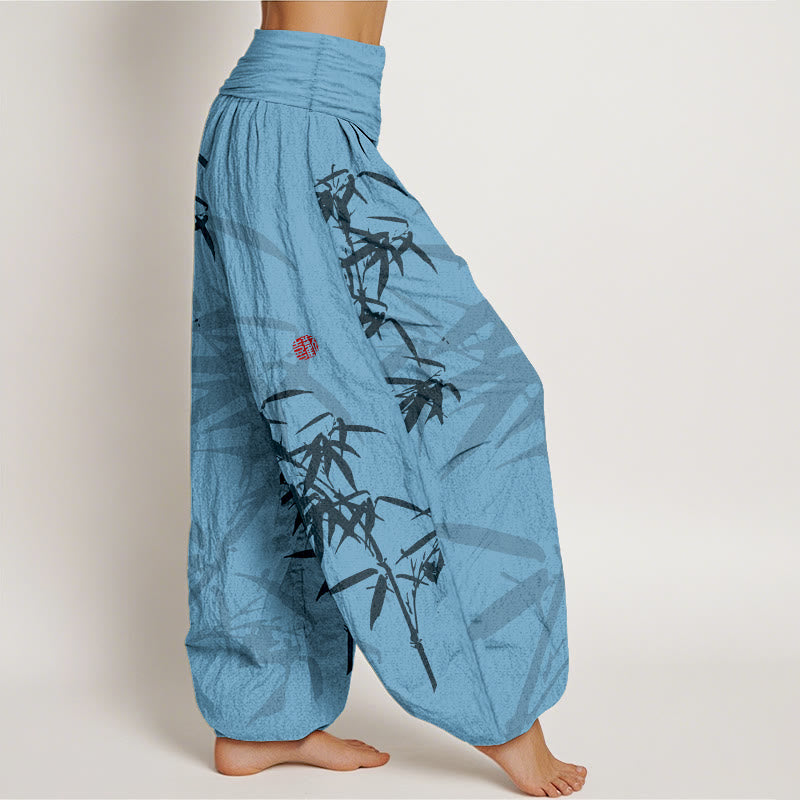 Haremshose aus reiner Baumwolle mit Buddha Stones -Print und Bambusblättern-Muster für Damen mit elastischer Taille - image 6