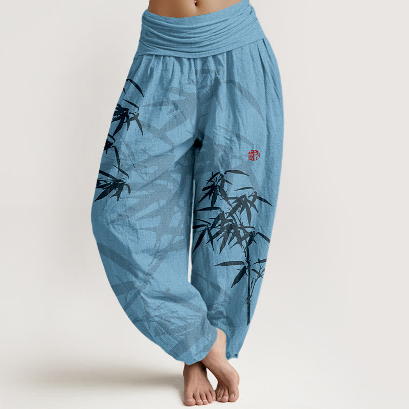 Haremshose aus reiner Baumwolle mit Buddha Stones -Print und Bambusblättern-Muster für Damen mit elastischer Taille - Himmelblau - US16， UK/AU20，EU48 (3XL) - image 5
