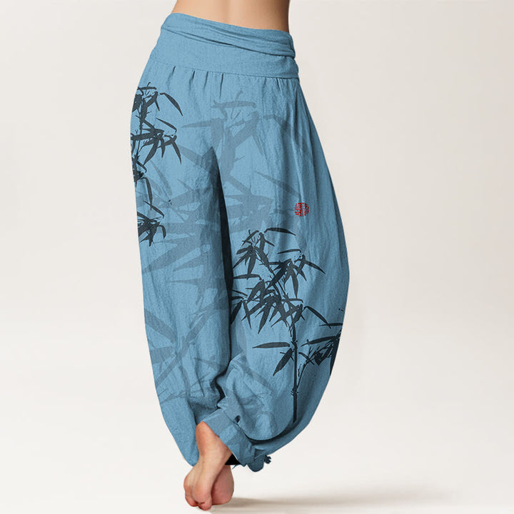 Haremshose aus reiner Baumwolle mit Buddha Stones -Print und Bambusblättern-Muster für Damen mit elastischer Taille - image 7