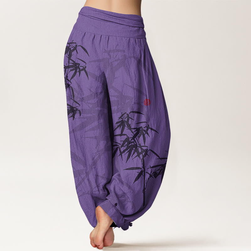 Haremshose aus reiner Baumwolle mit Buddha Stones -Print und Bambusblättern-Muster für Damen mit elastischer Taille - image 10