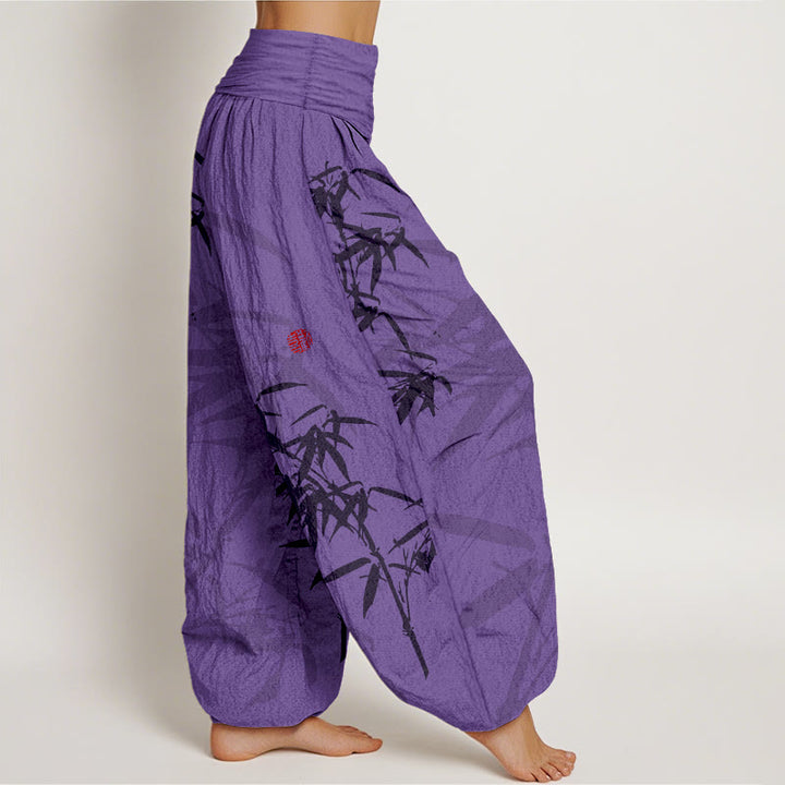 Haremshose aus reiner Baumwolle mit Buddha Stones -Print und Bambusblättern-Muster für Damen mit elastischer Taille - image 9