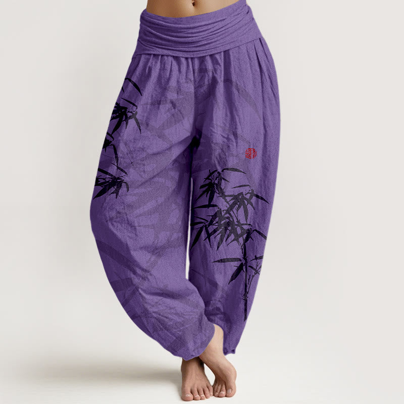 Haremshose aus reiner Baumwolle mit Buddha Stones -Print und Bambusblättern-Muster für Damen mit elastischer Taille - DarkOrchid - US16, UK/AU20, EU48 (3XL) - image 8