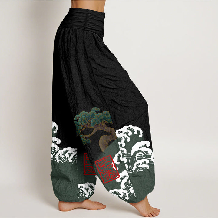Haremshose aus reiner Baumwolle mit Buddha Stones -Print und Kiefernbaum-Muster mit rollenden Wellen für Damen mit elastischer Taille - image 1