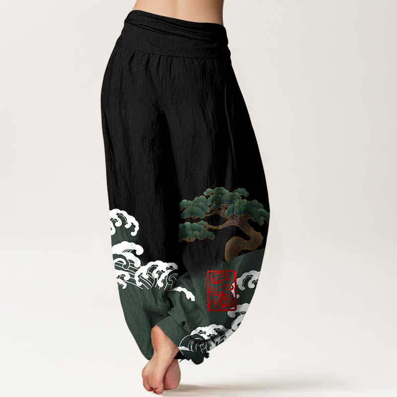 Haremshose aus reiner Baumwolle mit Buddha Stones -Print und Kiefernbaum-Muster mit rollenden Wellen für Damen mit elastischer Taille - image 2